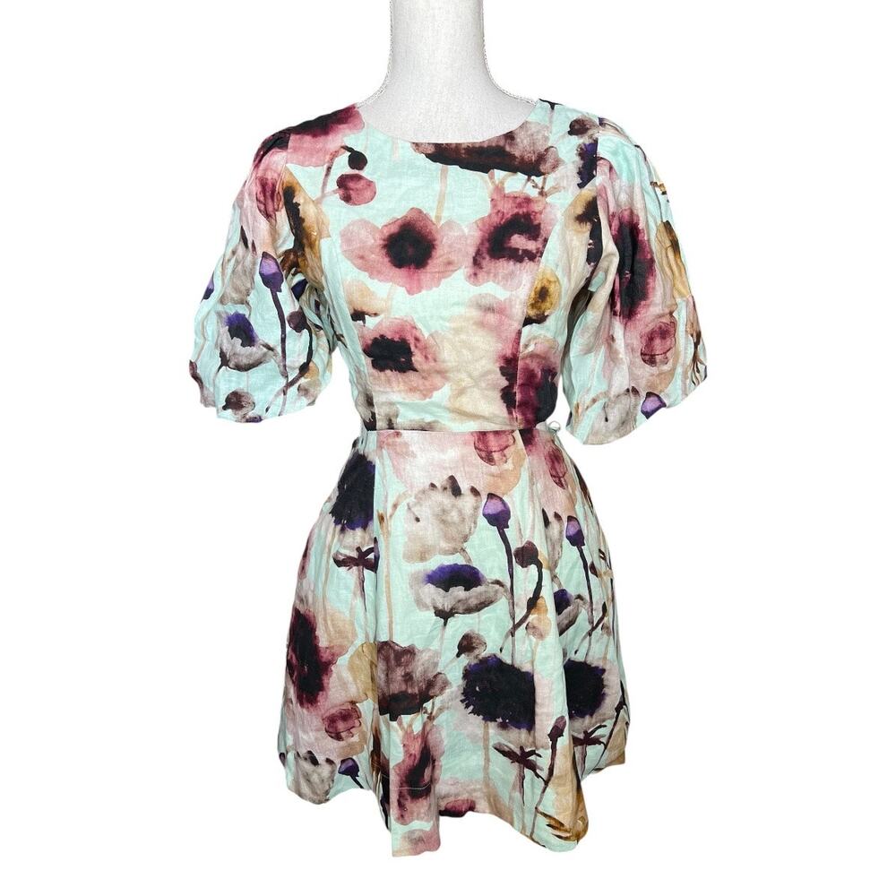 Karina Grimaldi Fleur Floral Linen Mini Dress Mint Monet Puff Sleeve Size small